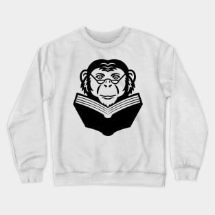 Chimpanzee Chimp Monkey Primate or Ape Wearing Glasses Reading Book Mascot Black and White Crewneck Sweatshirt
